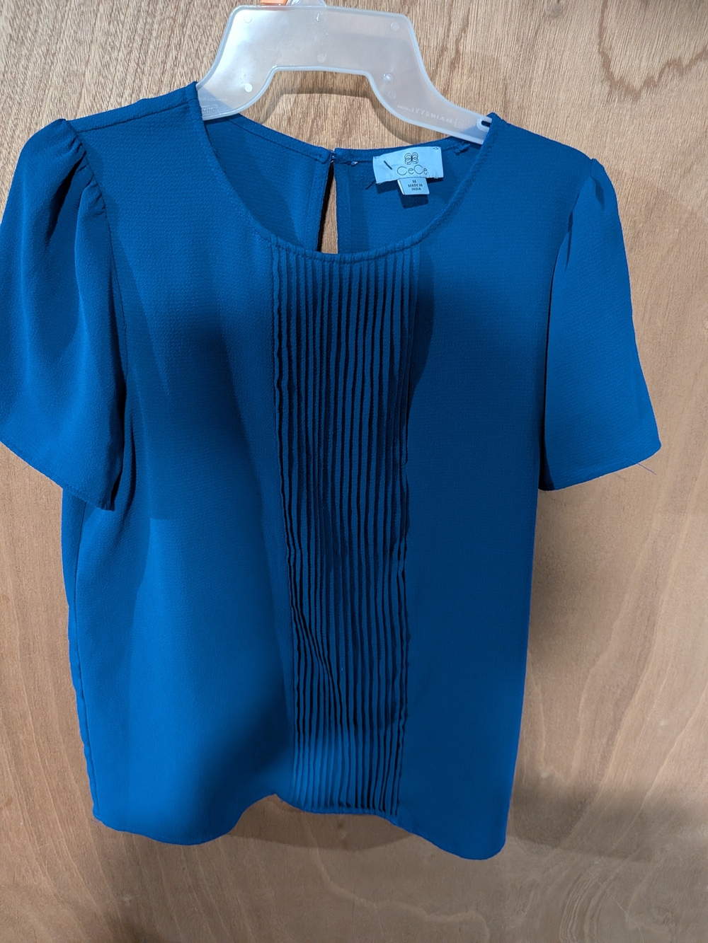 CeCe Short Sleeve Pleated Front Blouse - Teal Blue